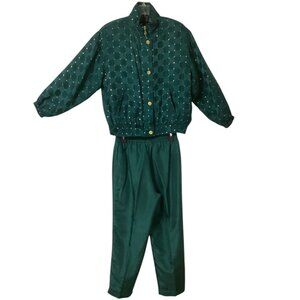 Vintage Mureli Silk Green Luxury Tracksuit Set W/Gold Accents Size Petite Medium